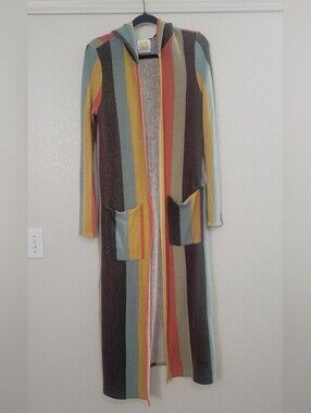 Cake Hooded Long Duster Cardigan Small Multicolor Striped Open Front Boho USA